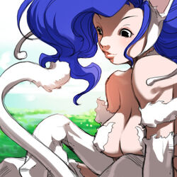 1girls animal_ears bare_shoulders blue_hair breasts capcom cat_ears cat_tail darkstalkers falcoon felicia_(darkstalkers) female fur large_breasts lips long_hair nose nude solo tail vampire_savior