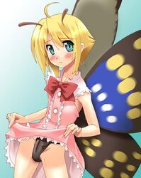 ahoge antennae aqua_eyes black_panties blonde_hair blush bow butterflies butterfly clothing crossdressing dress dress_lift erection erection_in_panties panties penis penis_in_panties shimon shimotsuma shinozuka_atsuto short_hair trap underwear