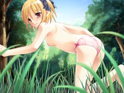 1girls blonde_hair blush brown_eyes female flat_chest game_cg kunai_uri nature nipples panties pink_panties see-through short_hair side-tie_panties solo takakuwa_anzu topless underwear underwear_only yumemigaoka