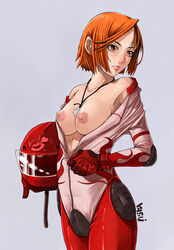 breasts dog_tags helmet nipples no_bra open_clothes open_shirt orange_eyes orange_hair red_hair shirt short_hair undressing yokoyama_yasushi zipper