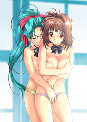 2girls breast_hold breasts brown_hair choker cleavage female frilled_panties frills glasses green_hair kawai_rie lovers_(game) multiple_girls panties pink_panties red_eyes ribbon sakura_mayumi taki_minashika topless underwear underwear_only yellow_panties yuri