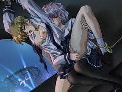 2girls arms_up blonde_hair blush bondage bra bra_pull breasts carnelian censored chains closed_eyes clothed_sex cuffs dutch_angle female fingering footwear game_cg grey_hair handcuffs kusatsuki_akira leg_grab lingerie loafers multiple_girls naughty_face night nipples ono_ikumi open_clothes open_mouth open_shirt panties panties_around_one_leg panty_pull pantyhose pussy rape re_leaf reach_around school_uniform serafuku shirt shoes short_hair sitting sitting_on_lap sitting_on_person skirt skirt_aside skirt_lift smile socks spread_legs sweat underwear untied wavy_hair window yellow_bra yellow_panties yuri