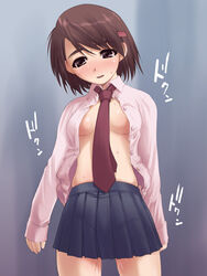 artist_request blush brown_eyes brown_hair hair_ornament hairclip necktie no_bra open_clothes open_shirt original sakaki_imasato shirt short_hair tie