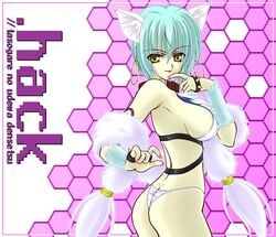 .hack// .hack//tasogare_no_udewa_densetsu animal_ear ass bikini blue_hair breasts collar dog_ear earrings female hack honeycomb_background hoop_earrings jewelry ouka_(.hack) ouka_(.hack//) purple_background short_hair sideboob solo spiked_knuckles swimsuit title_drop weapon wolf_ear yellow_eyes