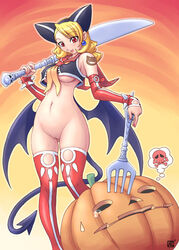 blonde_hair bottomless breasts curvy demon_girl fork halloween hips kenix no_panties pussy red_eyes succubus tail thighhighs uncensored underboob wide_hips wings