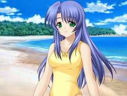 1girls animated beach blue_hair bounce bouncing_breasts breasts casual_one-piece_swimsuit female forest game_cg green_eyes lamune long_hair nature one-piece_swimsuit photo_background smile solo swimsuit tomosaka_suzuka water