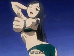 animated armband ass ass_shake bikini cap female kuga_natsuki lowres mai_hime my-hime purple_eyes qvga screencap sky small_breasts solo subtitled swimsuit thumbs_up watch wiggle wink wristwatch