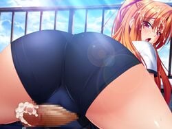 ass bloomers blush buruma censored chijoku_no_seifuku clothing cum cum_on_hair facial female from_behind game_cg grinding gym_uniform highres hina_narita huge_ass legs long_hair looking_back mizushima_oonari mosaic_censoring open_mouth orange_hair outercourse penis pink_eyes rubbing sky solo_focus sunlight thighs