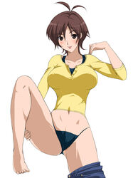 1girls antenna_hair barefoot big_breasts black_bra black_panties blush bottomless bra breasts brown_eyes brown_hair feet female highleg highleg_panties huge_breasts jeans large_breasts legs lingerie masane_amaha no_pants panties pants_pull shirt short_hair solo string_panties thighs thong toes underwear undressing witchblade