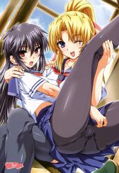 2girls ;d black_hair black_legwear blonde_hair blue_eyes blush breasts cameltoe crotch dutch_angle embarrassed female female_only hair_ribbon highres kiriya_erika multiple_girls open_mouth panties panties_under_pantyhose pantyhose ponytail red_eyes ribbon school_uniform seifuku serafuku shino_(comic_penguin_club) skirt smile thighhighs tied_hair tsuyokiss underwear wink yashi_nagomi zettai_ryouiki