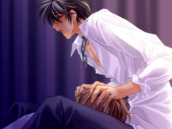 black_hair brown_eyes brown_hair carnelian chains closed_eyes clothed collar dress_shirt fellatio katsuragi_takuto messiah messiah_(game) open_mouth oral penis sasamori_ryouta shirt yaoi