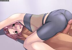 1boy 1girls bike_shorts blush breasts censored eronaruto female fishnets green_eyes human human_only male mosaic_censoring naruto naruto_(classic) pantylines penis pink_hair sakura_haruno short_hair spandex straight tasaka_shinnosuke underboob watermark