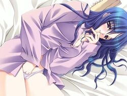 bed blue_hair bottomless carnelian hand_in_panties long_hair masturbation nasu_setsuka night_demon panties purple_eyes solo underwear white_panties