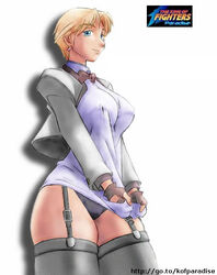 black_legwear black_panties blonde_hair bottomless female female_only garter_belt human king_(snk) king_of_fighters lingerie panties ryuuko_no_ken shirt_tug snk solo thighhighs tuxedo underwear watermark