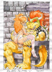 1boy 1girls ass blush bowser breasts brick chair female happy_sex highleg highleg_panties human indoors interspecies koopa looking_at_another male mariano mario_(series) monster muscle nintendo nipples open_mouth panties panties_aside penis princess_daisy princess_peach sex sitting spikes straddle straight sweat tail testicles thighhighs thong throne topless underwear upright_straddle vaginal_penetration white_legwear white_panties