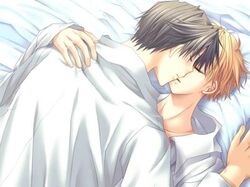 2boys bangs bed blonde_hair brown_hair bust closed_eyes dress_shirt dutch_angle from_above from_behind game_cg grey_hair hug human human_only imminent_kiss indoors jpeg_artifacts kissing kujou_takami long_sleeves lying male male_only multiple_boys multiple_males neck on_back on_bed on_stomach open_mouth rashiel's_riddle rashiel_no_hakoniwa saiga_rei sakurazawa_izumi sheets shirt short_hair upper_body white_shirt yaoi