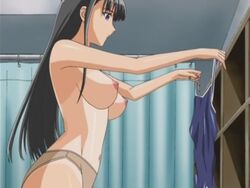 1girls blue_eyes breasts brown_panties cap female grey_panties large_breasts long_hair lowres mizushima_asa nipples one-piece_swimsuit panties screencap screenshot solo sora_no_iro_mizu_no_iro swimsuit tan tanline topless underwear underwear_only