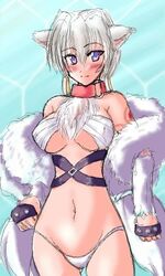 .hack// .hack//tasogare_no_udewa_densetsu animal_ears blush breasts collar earrings female fur_coat hack highleg highleg_panties hoop_earrings jewelry lowres midriff ouka_(.hack) ouka_(.hack//) panties silver_hair smile solo spiked_knuckles underboob underwear weapon white_panties wolf_ears