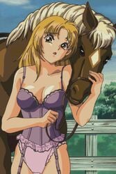 90s artist_request blonde_hair brown_eyes feral fur gals_panic_(series) gals_panic_s game_cg horse interspecies kaneko_seisakusho lingerie long_hair lowres underwear