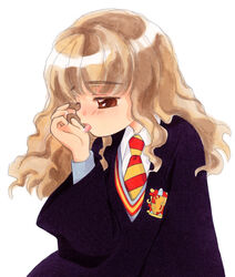 1girls blush brown_eyes dress_shirt emblem female female_only gryffindor gryffindor_symbol gryffindor_tie harry_potter hermione_granger human licking licking_hand light_brown_hair long_hair necktie robe school_uniform shirt simple_background solo solo_female sweater tongue tongue_out wavy_hair white_background wide_sleeves witch_(harry_potter)