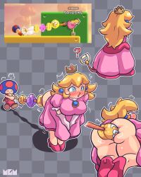 1boy 1girls anal anal_beads anal_beads_in_ass anal_beads_pull ass blonde_hair blue_eyes breasts clothing dress female female_human grey_background huge_anal_beads human humanoid hyper_anal_beads large_insertion long_hair male mario_(series) pink_dress princess_peach sex_toy simple_background super_mario_bros._wonder tmogumi toad_(mario)