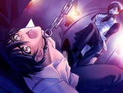 black_hair blunt_bangs bondage brown_eyes candle carnelian censored chains collar dress_shirt feet femdom footjob game_cg hair_over_one_eyes hime_cut maid malesub messiah_(game) sasamori_ryouta shirt shoejob shoes thighhighs trample veronica_(messiah)