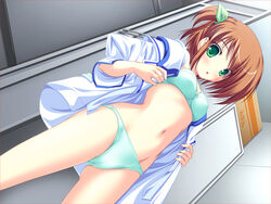 bow_bra bra brown_hair dutch_angle from_below game_cg green_bra green_eyes green_panties hair_ribbon inakoi lingerie locker_room looking_down midou_chihiro no_panties open_clothes open_shirt panties ribbon shirt short_hair side_ponytail solo tenmaso underwear undressing