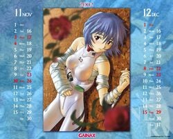 2002 5:4 bandages bangs bare_shoulders blue_hair blurry bodysuit calendar_(medium) cast clenched_hand clothes_writing clothing dated december depth_of_field dutch_angle female female_only flower hair hair_between_eyes halterneck human leaf lying neon_genesis_evangelion november_(month) official_art on_back plugsuit red_eyes rei_ayanami rose short_hair small_breasts solo turtleneck utatane_hiroyuki zoom_layer