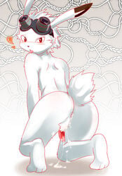 anthro ass blush cum cum_on_ass cum_on_floor cum_on_leg cum_on_penis cum_string drooling eyewear fur furry goggles heart king_kazuma kneeling lagomorph long_ears looking_at_viewer looking_back male male_only messy nude penis pointy_ears presenting presenting_hindquarters rabbit red_eyes rodent saliva solo string teeth tongue tongue_out unknown_artist white_fur