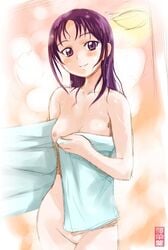 1girls bath breasts female futari_wa_precure_splash_star long_hair maira_gen mishou_mai naked_towel neko-yohan nipples nude open_towel precure pretty_cure purple_eyes purple_hair pussy small_breasts smile solo towel uncensored wet wet_hair