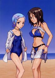 2girls bandaid beach bikini black_hair blue_hair bracelet breasts brown_eyes choker cleavage dress erect_nipples eureka eureka_7 eureka_seven eureka_seven_(series) female female_only flat_chest hair_ornament hairclip highres jewelry large_breasts legs miniskirt multiple_girls nitta_kumi one-piece_swimsuit open_clothes open_mouth outdoors police purple_eyes school_swimsuit shirt_lift short_dress short_hair sideboob skirt skirt_pull sky standing star star_(sky) starry_sky swimsuit swimsuit_under_clothes talho_yuki thigh_strap undressing water