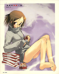 ashtray bangs bare_legs barefoot border bottomless brown_eyes brown_hair cigarette e=mc2_(mosimosi) feet female glasses grey_panties hair_ornament hairclip head_tilt highres holding legs looking_at_viewer looking_back maple_colors marlboro mouth_hold no_pants panties pantyshot pantyshot_(sitting) parted_bangs ponytail product_placement profile purple_background reclining rough sakanakura_yumi scan simple_background sitting sleeves_past_wrists smoke smoking soles solo sweater tied_hair underwear