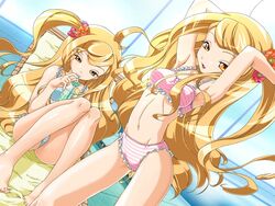 adjusting_hair armpits arms_up barefoot bikini blonde_hair drink dutch_angle erect_nipples frills game_cg kawahara_makoto kissing!!_~under_the_mistletoe~ kissing_under_the_mistletoe long_hair midriff mole pool siblings side_ponytail sisters sitting standing straw striped striped_bikini striped_swimsuit swimsuit takase_rion takase_shion twins water window yellow_eyes