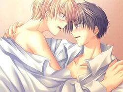 2boys bangs bed blonde_hair blush brown_hair bust clothes dress_shirt embarrassed eye_contact eyebrows_visible_through_hair eyes_visible_through_hair game_cg glasses grey_hair hair hand_on_shoulder hug human human_only jpeg_artifacts kujou_takami long_sleeves looking_at_another male male_only multiple_boys multiple_males naughty_face neck off_shoulder open_clothes open_mouth open_shirt profile rashiel_no_hakoniwa saiga_rei sakurazawa_izumi sheets shirt short_hair smile sweat undressing upper_body white_shirt yaoi