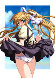 air_(anime) blue_panties kamio_misuzu lace-trimmed_panties panties skirt skirt_lift solo underwear