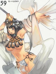 1girls :o armpits arms_up bangs black_hair blue_eyes blue_panties blunt_bangs bob_cut breasts brooch detached_sleeves egyptian f.s. female fingernails hips jewelry large_breasts lipstick loincloth long_fingernails long_hair makeup menace navel nitroplus no_bra official_art open_mouth panties queen's_blade ring scan scepter see-through setra short_hair simple_background solo standing striped striped_panties surprised tiara turtleneck underboob underwear wide_hips