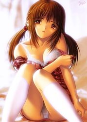 1girls bangs bare_shoulders bra breasts brown_hair cleavage dress dress_pull embarrassed female head_tilt kneehighs kobayashi_yuji kobayashi_yuuji lace lace_bra lingerie long_hair looking_at_viewer nipples off_shoulder open_mouth panties pantyshot pantyshot_(sitting) pantyshot_sitting plaid red_eyes scrunchie see-through short_dress signature sitting skirt socks solo tied_hair twintails underwear undressing white_bra white_legwear white_panties