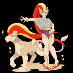 anklet arm_band bracelet female heels humanized lion long_hair nelsonnoir pokémon_(species) pokemon pokemon_xy pyroar red_eyes red_nails ring see-through tail