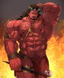 1boy abs anthro asian_mythology bodily_fluids demon east_asian_mythology facial_hair fire goatee hi_res horn humanoid japanese_mythology long_hair long_hair_male male male_only moustache muscular muscular_anthro muscular_male mustache mythology nipples oni pubes red_body red_oni red_skin rybiok solo sweat vein veiny_muscles yellow_eyes yōkai