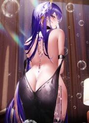 1girls ass ass_cleavage back back_view big_ass big_butt butt butt_crack curvy curvy_figure dress fantongjun female female_only genshin_impact hair_ornament hi_res highres long_hair looking_at_viewer looking_back mole mole_under_eye purple_eyes purple_hair raiden_shogun solo solo_female thick thick_ass voluptuous