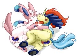 2girls blush closed_eyes female feral furry hooves keldeo nelsonnoir pokemon pokemon_(species) pokemon_bw pokemon_xy saliva sylveon tail tan_fur tongue tongue_out white_fur yuri