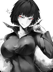 1girls areola_bulge arm_up big_breasts black_hair blush blushing breasts coat curvy curvy_body curvy_figure cute dress female female_focus female_only front_view fubuki_(one-punch_man) greyscale large_breasts looking_at_viewer medium_hair midriff nipple_bulge odyssey_21 one-punch_man seductive seductive_eyes seductive_look seductive_mouth seductive_smile see-through see-through_clothing shine short_hair smile smiling smiling_at_viewer smirk solo solo_female solo_focus tight_clothes tight_clothing tight_fit toned toned_female voluptuous