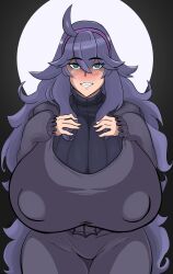 1girls alternate_breast_size big_breasts blue_eyes blush bottomwear breast_focus breasts clothing curvaceous curvy curvy_figure dress female female_only game_freak grinn hair hex_maniac hips huge_breasts large_breasts long_hair mature mature_female mature_woman milf nipple_bulge plump pokemon pokemon_xy purple_dress purple_hair smile solo solo_female thick_thighs thighs topwear wide_hips