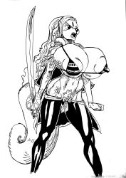 anthro big_tail bikini_top black_and_white female female_focus female_only furry goudadunn huge_breasts long_hair lowrise_jeans mink mink_tribe one_piece overflowing_breasts solo wanda_(one_piece) weapon