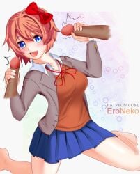 1girls barefoot bow doki_doki_literature_club double_handjob eroneko-senpai female male medium_breasts multiple_penises open_mouth open_smile penis pink_hair sayori_(doki_doki_literature_club) school_uniform schoolgirl short_hair skirt thick_thighs uncensored