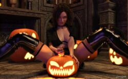 1girls 2019 3d black_hair female female_only garter_straps halloween jack-o'-lantern johngate looking_at_viewer no_bra pinup slushe_(website) solo solo_female spread_legs suggestive_gesture tagme thighhighs witch