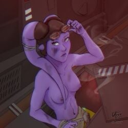 1girls alien alien_girl areolae ayen_(cravingsfree) breasts cravingsfree dirty engineer highres lekku medium_breasts naked naked_female nipples nude nude_female original_character pants petite petite_body purple_body purple_skin shirtless shirtless_female star_wars twi'lek