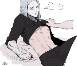 ... assisted_exposure bare_chest blood blood_stain darksoulbs2 disembodied_hand elden_ring fromsoftware gloves habit headwear looking_at_another male male_focus male_only mask masked masked_male pubic_hair_peek shirt_lift solo_focus speech_bubble white_gloves white_mask_varré