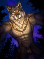 abs anthro big_muscles black_nose canid canine forest fur genitals grey_body grey_fur hibbary looking_at_viewer male mammal muscular nature penis plant pubes smile teeth tongue tongue_out tree were werecanid werecanine werewolf yellow_eyes