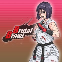 1girls beaten beaten_bloody beaten_up black_belt black_eye blood bruise bruise_on_face bruised brutalbrawl clothing female female_focus female_only gloves karate martial_arts purple_hair rumi_(brutalbrawl) ryona